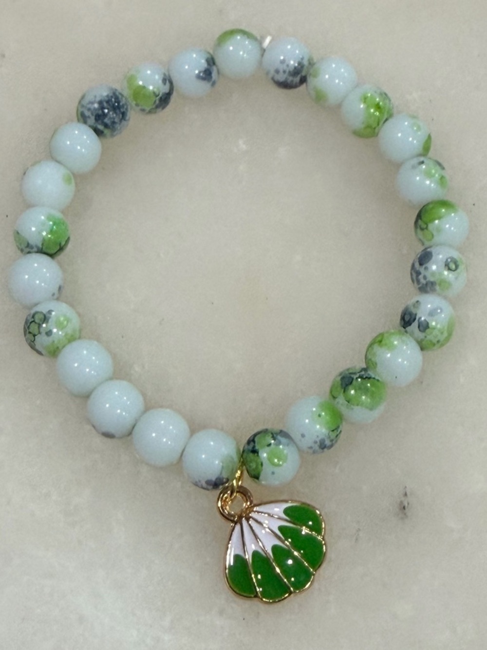 Green & White Beaded Bracelet with Green Shell Charm